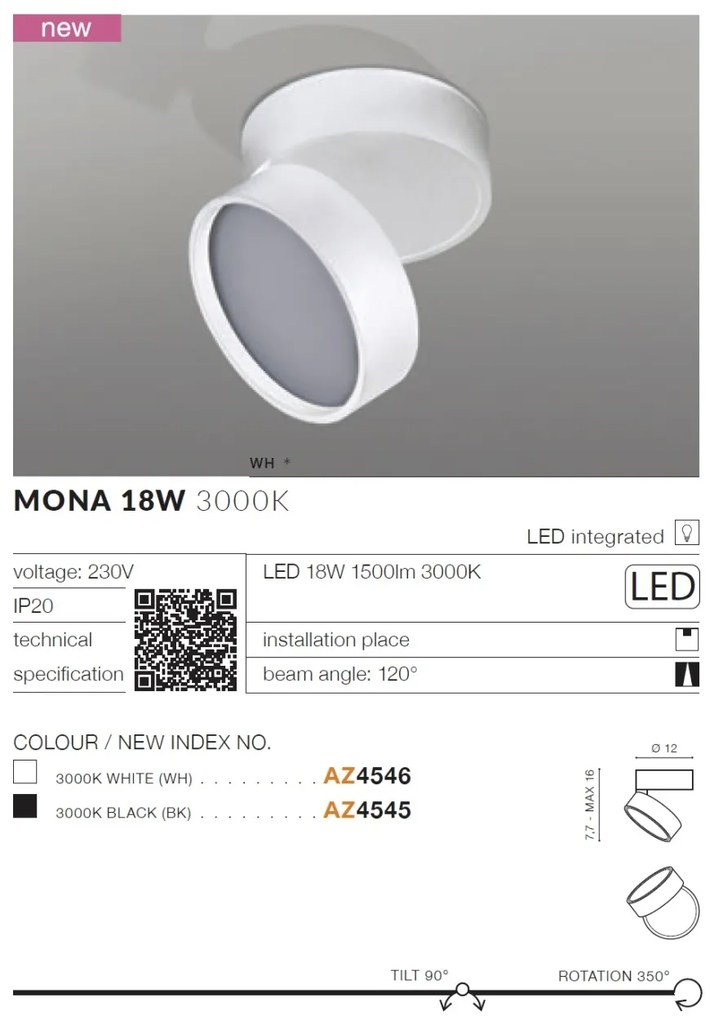 Spot LED aplicat directionabil de tavan/plafon MONA 18W 3000K alb