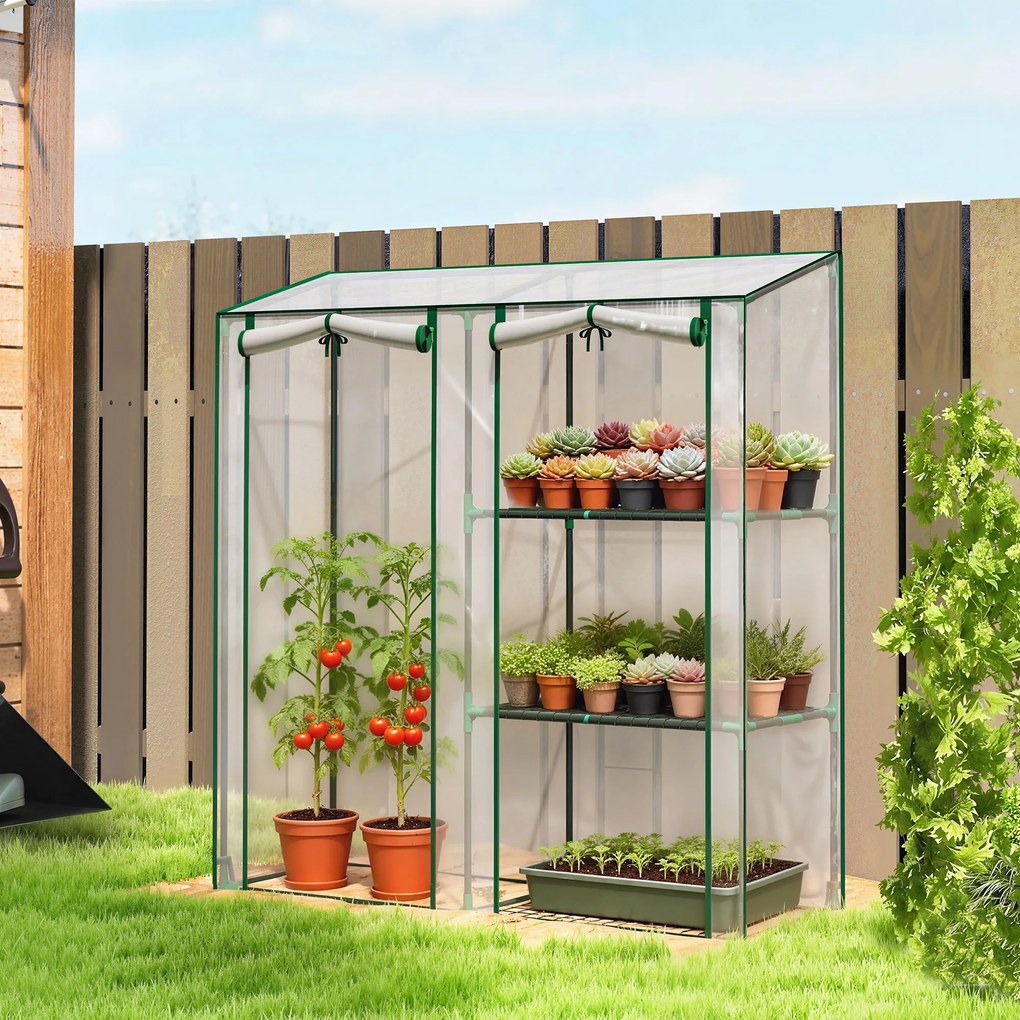 Outsunny Mini Seră cu 3 Rafturi, 2 Uși Rulabile, Seră pentru Grădină cu Cadru din Oțel și Acoperire din Plastic pentru Plante, Legume, Flori, Fructe, Anti UV, 143x45x151 cm, Transparentă | Aosom Romania