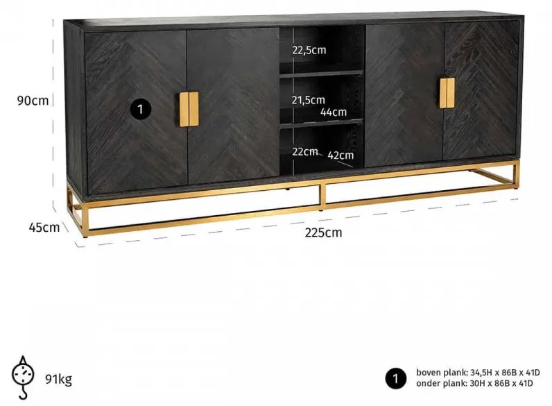 Servanta din lemn de stejar Blackbone 225 cm, 4 usi