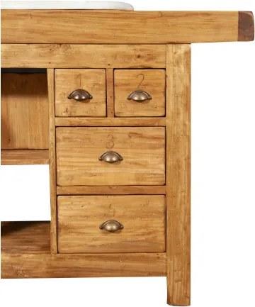 Mobilier de baie, L116 63 H90 cm, 4 sertare, natur, lemn masiv, chiuveta din marmura