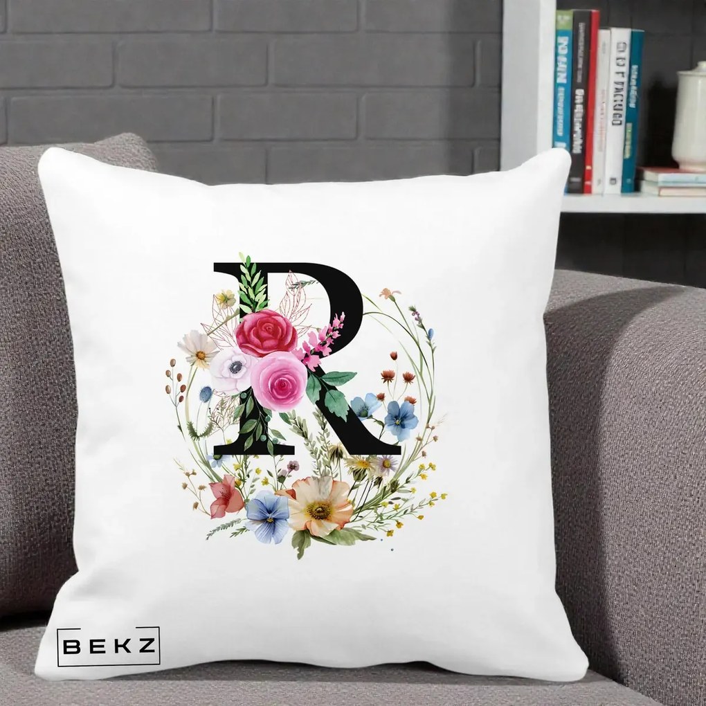 Cadou Personalizat - Perna Personalizata Monogram Litera R cu Flori Acuarela, 40x40 cm, Alba Mata, Husa Detasabila, Perna Inclusa, BEKZ®