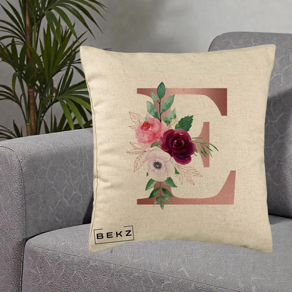 Cadou Personalizat - Perna Personalizata Monograma Rose Gold Litera E, 40x40 cm, Bej, Husa Detasabila, Perna Inclusa, BEKZ®
