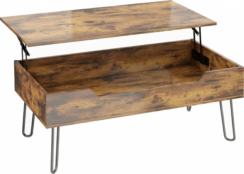 HOMCOM Masă de cafea dreptunghiulară din lemn cu depozit mare ascuns, înălțime reglabilă, 95 x 50 x 40 cm, Maro rustic | Aosom Romania