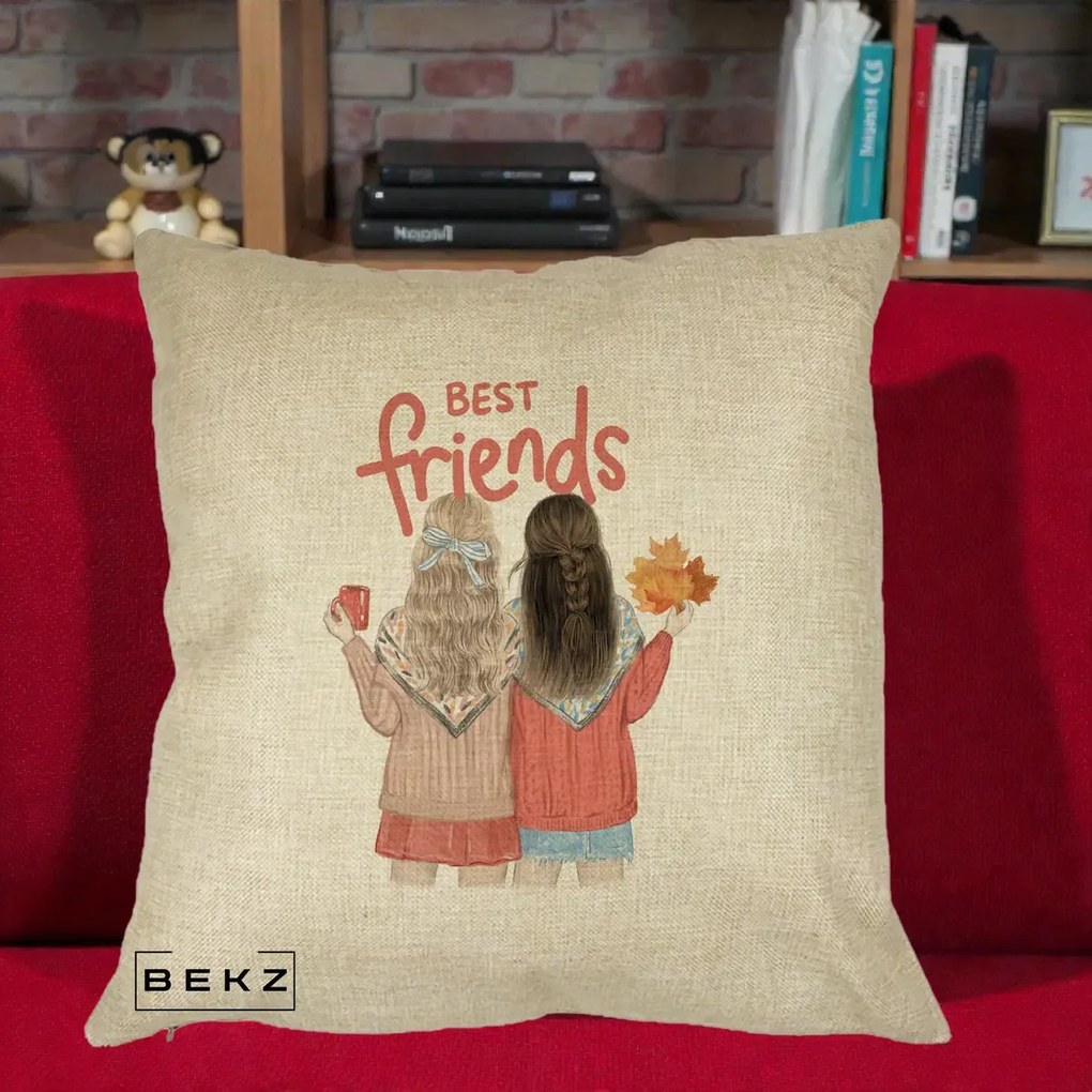 Cadou pentru Prieteni - Perna Personalizata Best Friends Toamna, 40x40 cm, Crem, Husa Detasabila, Perna Inclusa, BEKZ®