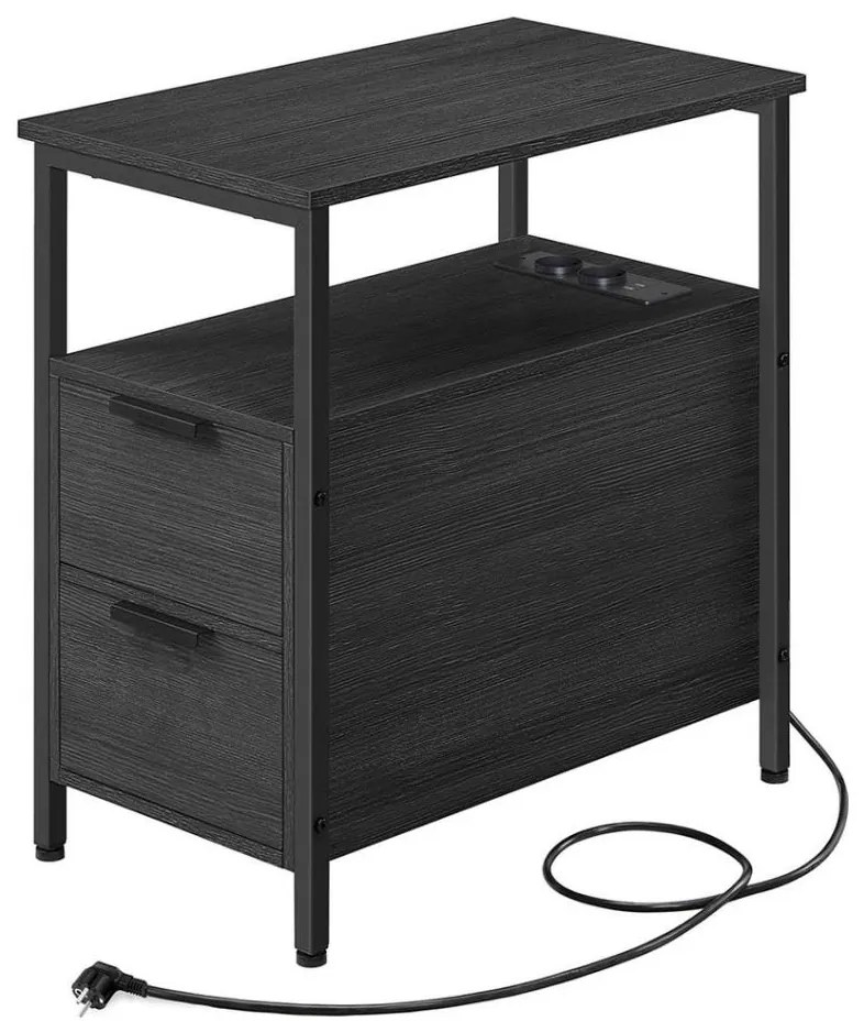 Masă laterală ROD, neagră, cu prize și porturi USB încorporate