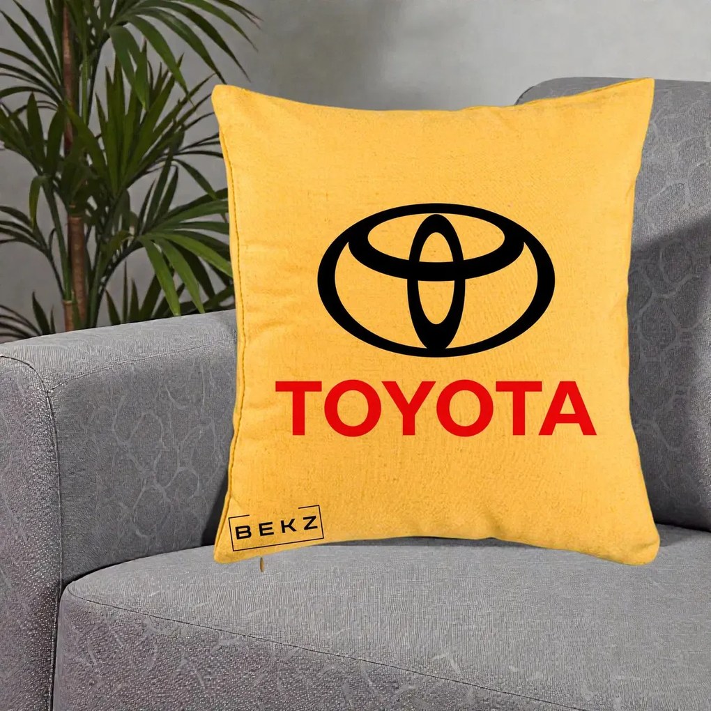 Perna Personalizata cu emblema Toyota, 40x40 cm, Galben, Husa Detasabila, Perna Inclusa, BEKZ®