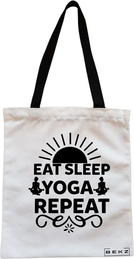 Sacosa de Panza pentru Cumparaturi, Geanta Tote, Yoga Eat Sleap Yoga Repeat, Cu fermoar, 38x34.5 cm, Alba, BEKZ®
