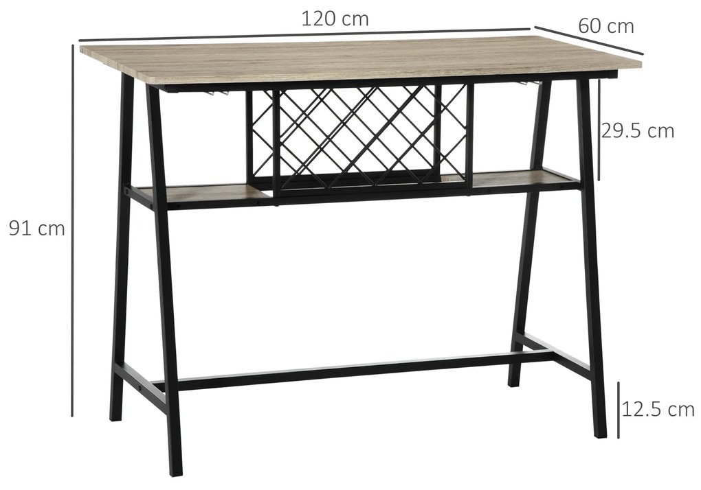 HOMCOM Masă de Bar pentru 10 Sticle, Design Modern din PAL și Oțel, Dimensiuni 120x60x91 cm, Negru și Lemn, Ideală pentru Bucătărie sau Living | Aosom Romania