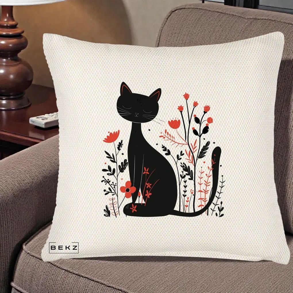 Perna Decorativa Pisica Neagra Flori Rosii Folk Minimal, 40x40 cm, Crem Reliefat, Husa Detasabila, Perna Inclusa, BEKZ®