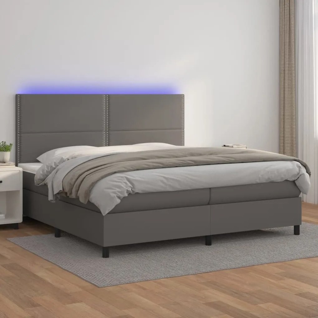 vidaXL Pat cu arcuri, saltea și LED, gri, 200x200 cm, piele ecologică