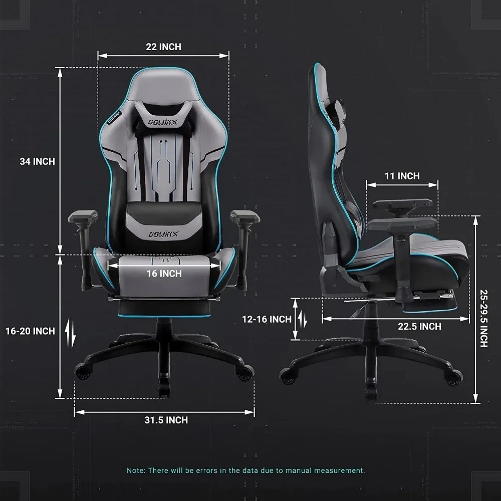 RESIGILAT- DOWINX Scaun gaming, ergonomic, pernă lombară cu masaj, spatar inalt, suport pentru picioare, piele PU matlasata, respirabila, cotiere 4D, rezistent 150 kg, Gri