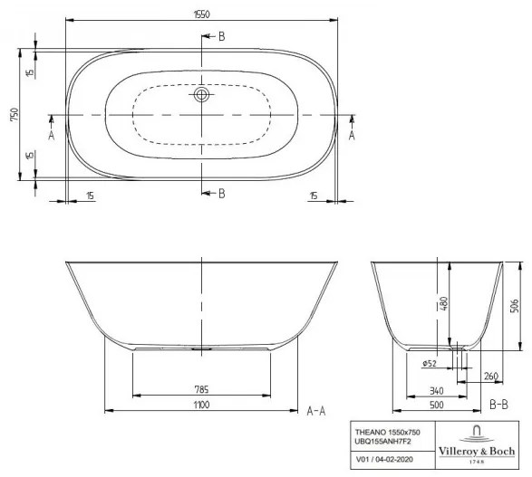 Cada free-standing, Villeroy&amp;Boch Theano, compozit Quaryl, 155x75cm, Alb Alpin, UBQ155ANH7F200V-01