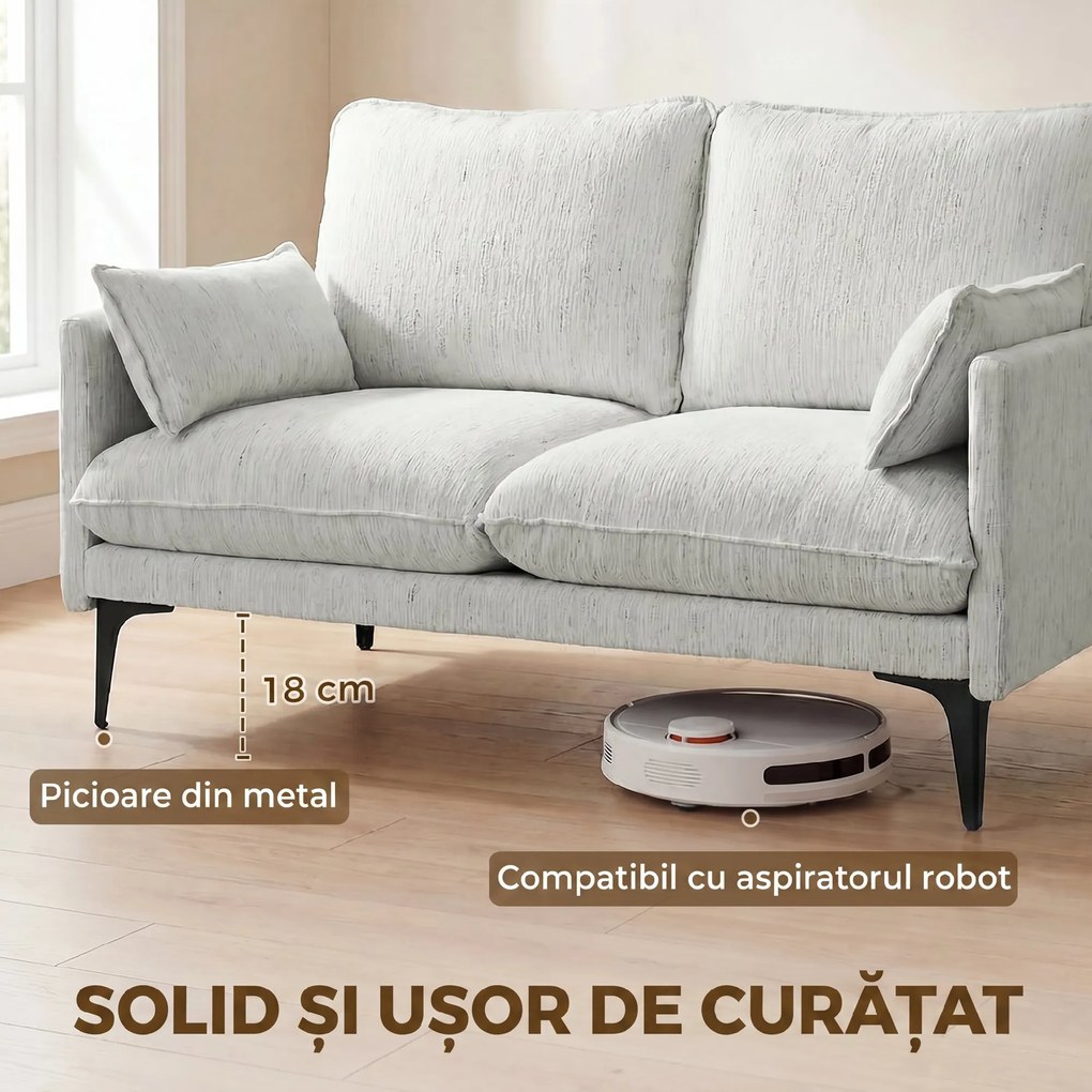 HOMCOM Canapea 2 Locuri cu Brațe, Perne Groase și 2 Perne, 131x78x83 cm, Alb | Aosom Romania