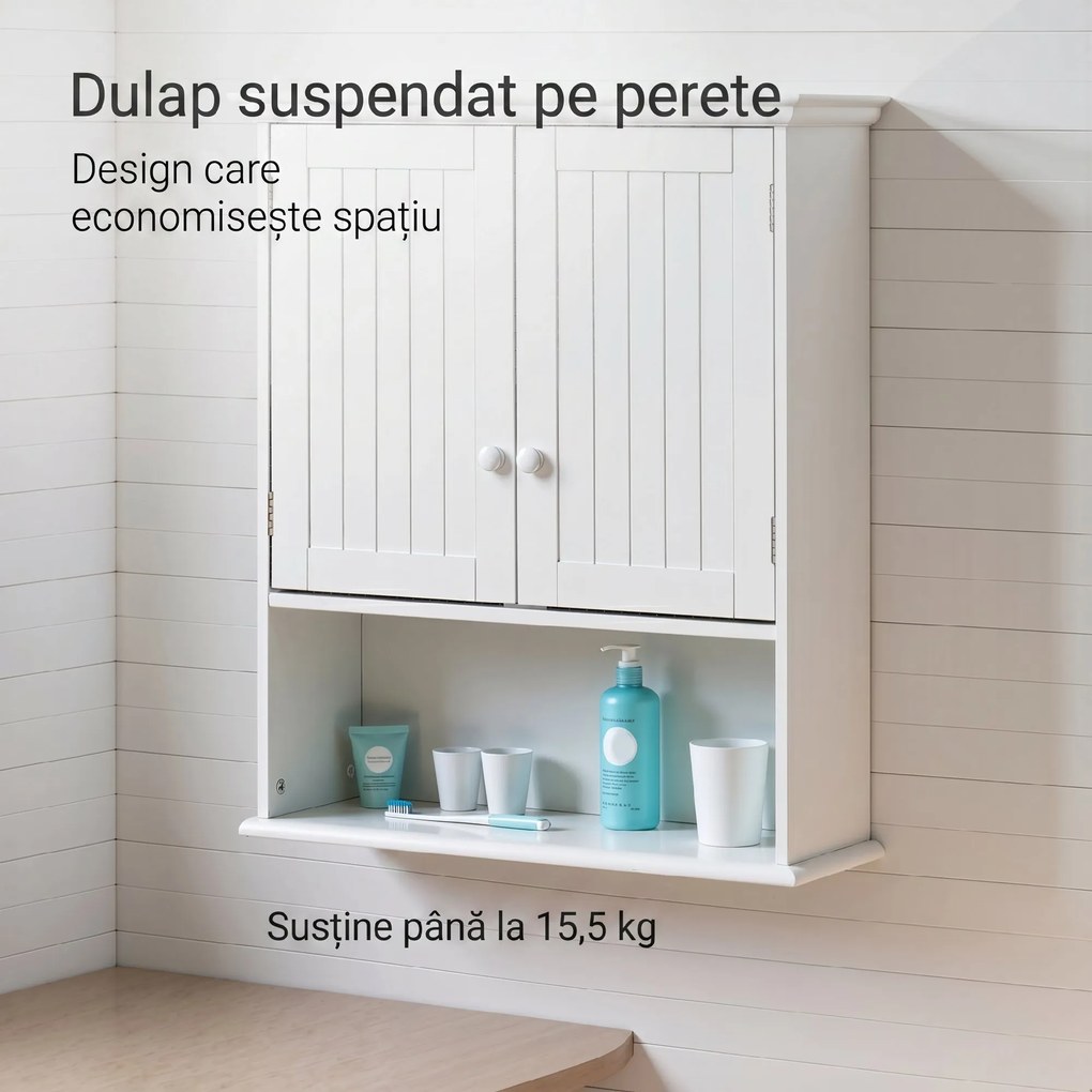 kleankin Dulap de Baie Suspendat cu Dulăpior, 2 Uși cu Închidere Magnetică și Raft Deschis, 60x20x70.5 cm, Alb | Aosom Romania