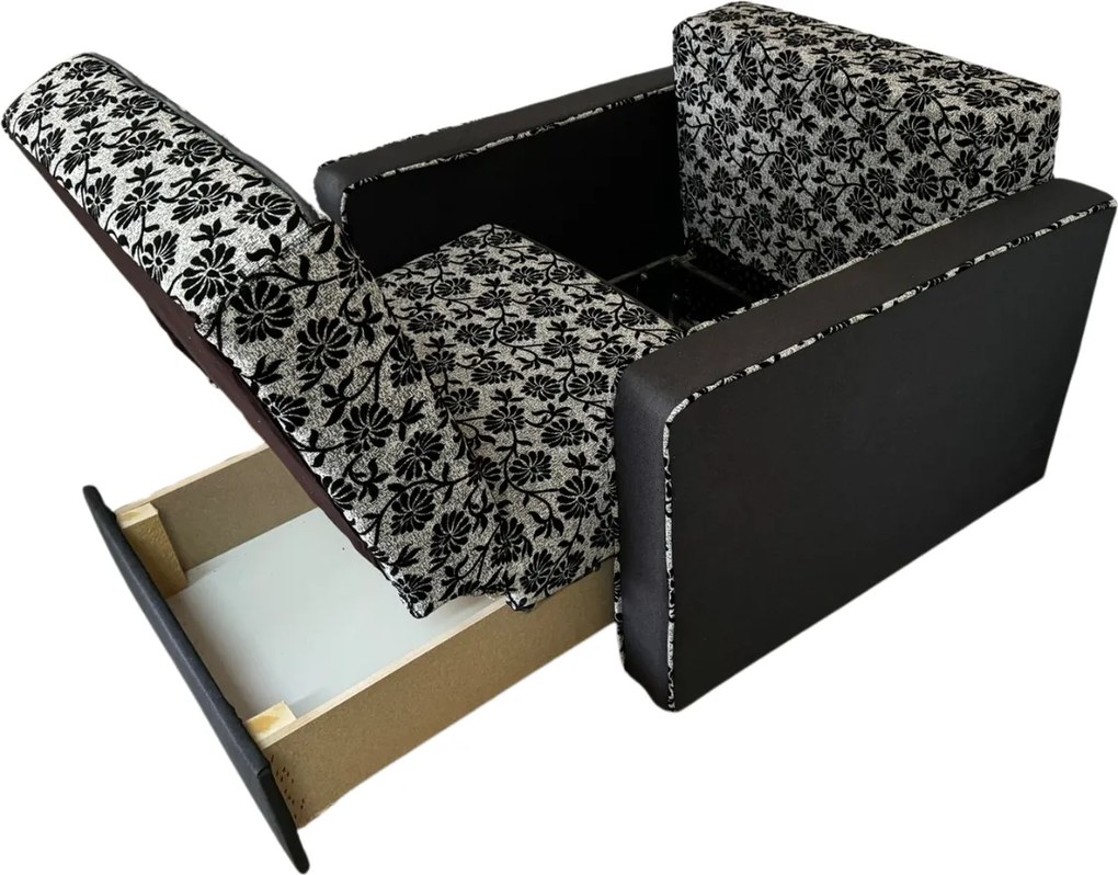 Fotoliu SAMY NEXT extensibil, cu lada de depozitare, stofa gri cu negru , cadru metalic, 103x100x92 Stofa, Gri + Negru