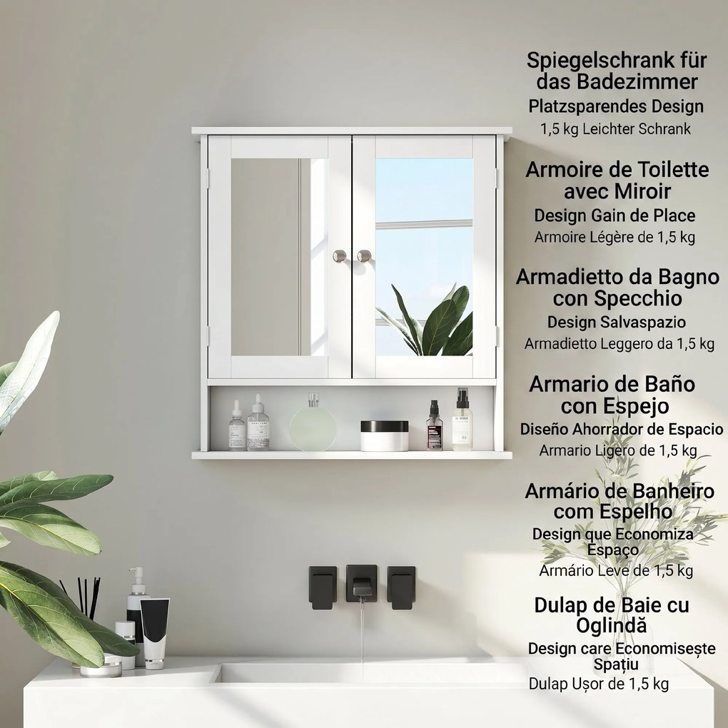 kleankin Dulap Suspendat pentru Baie cu 2 Uși cu Oglindă și Raft Deschis, Raft Interior Reglabil, Mânere Metalice, 56x13x58 cm, Alb | Aosom Romania