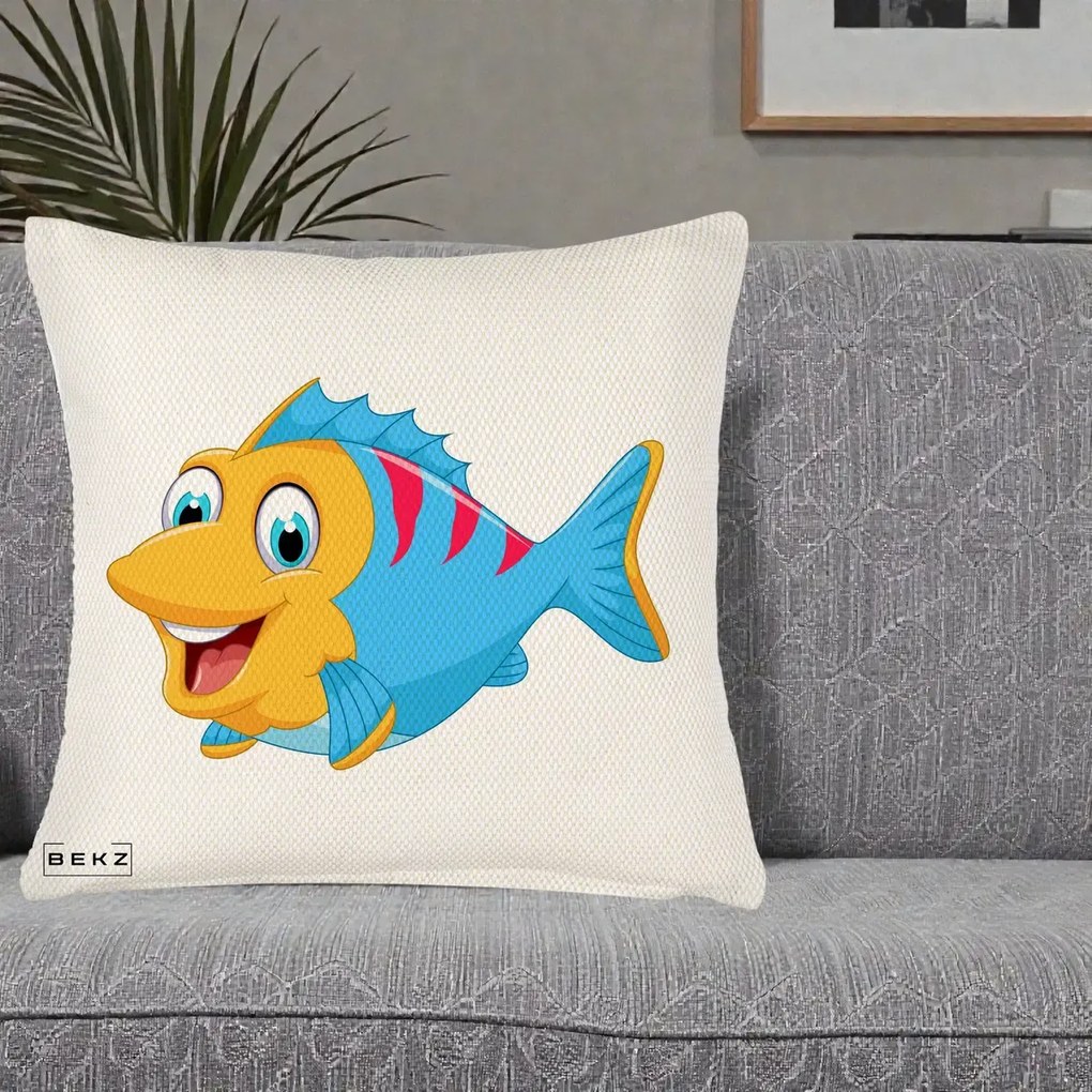 Perna Decorativa Peste Vesel Cartoon, 40x40 cm, Crem Reliefat, Husa Detasabila, Perna Inclusa, BEKZ®
