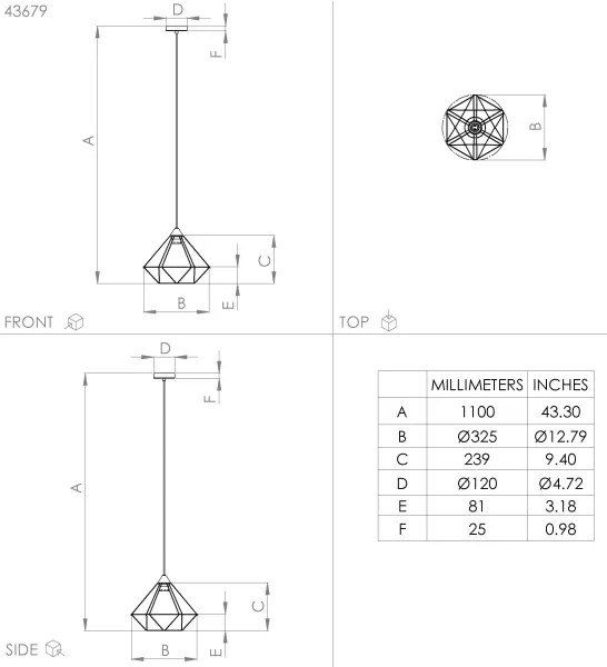 Lustră pe cablu TARBES 1xE27/60W/230V d. 32,5 cm Eglo 43679