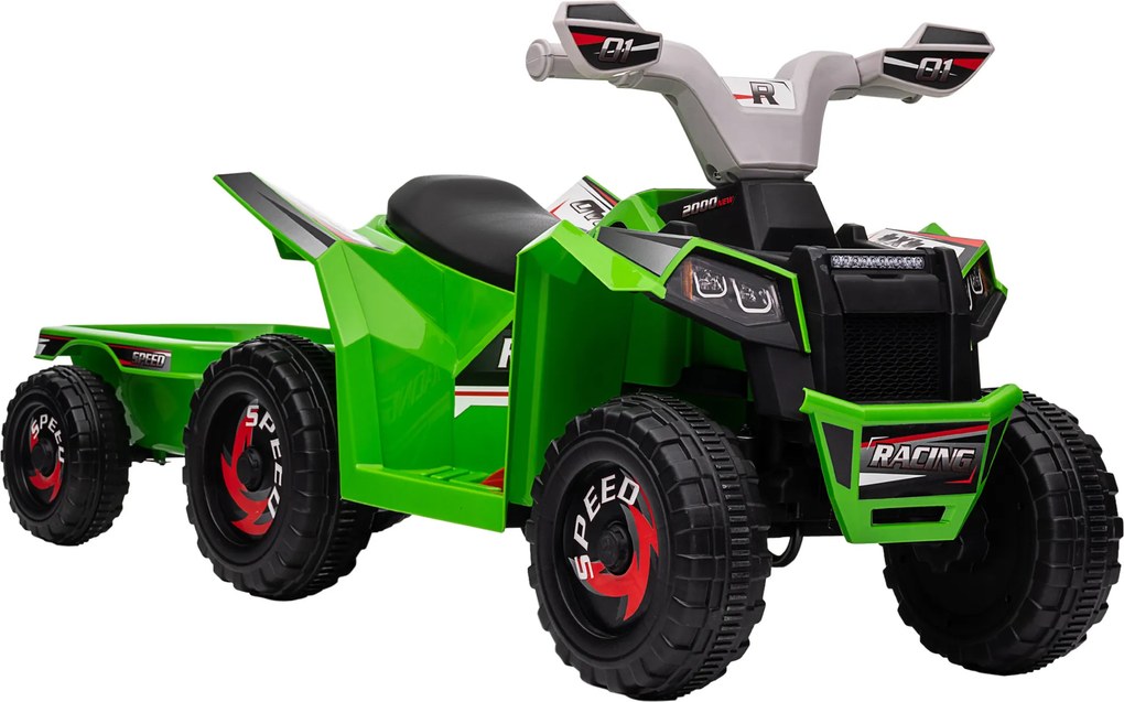 HOMCOM ATV Electric pentru Copii cu Remorcă, Pedală, Mers Înainte și Înapoi, 2,5 km/h, 18-36 Luni, Verde | Aosom Romania