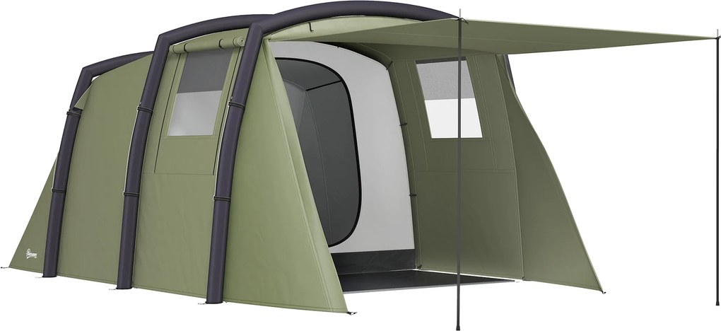 Outsunny Cort Gonflabil Tip Tunel pentru 3-6 Persoane cu Pridvor, Ferestre din Plasă și Husă, Impermeabil, Verde Măsliniu | Aosom Romania