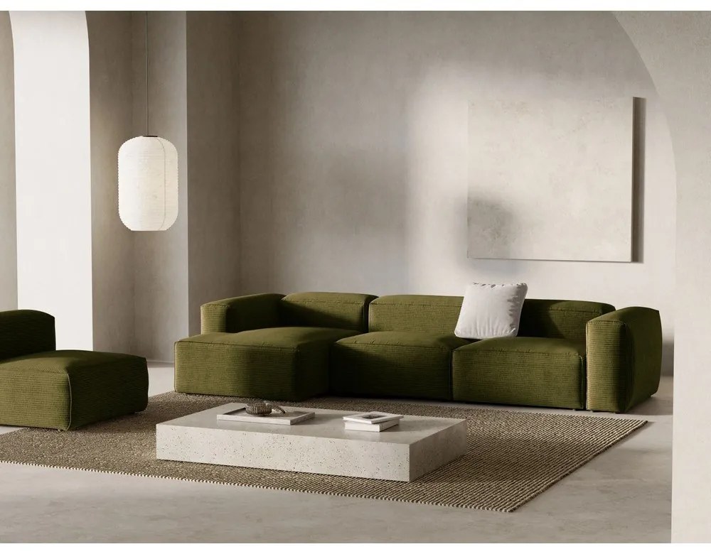 Colțar verde cu tapițerie din catifea reiată (cu colț pe partea stângă/cu șezlong) Bergamo – Cosmopolitan Design