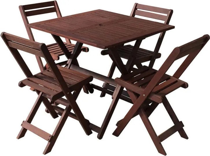 Set masa si 4 scaune pentru gradina Tirora Muhler Meranti, 5 piese, Pana la 100 kg, Pliabil, Lemn, Maro