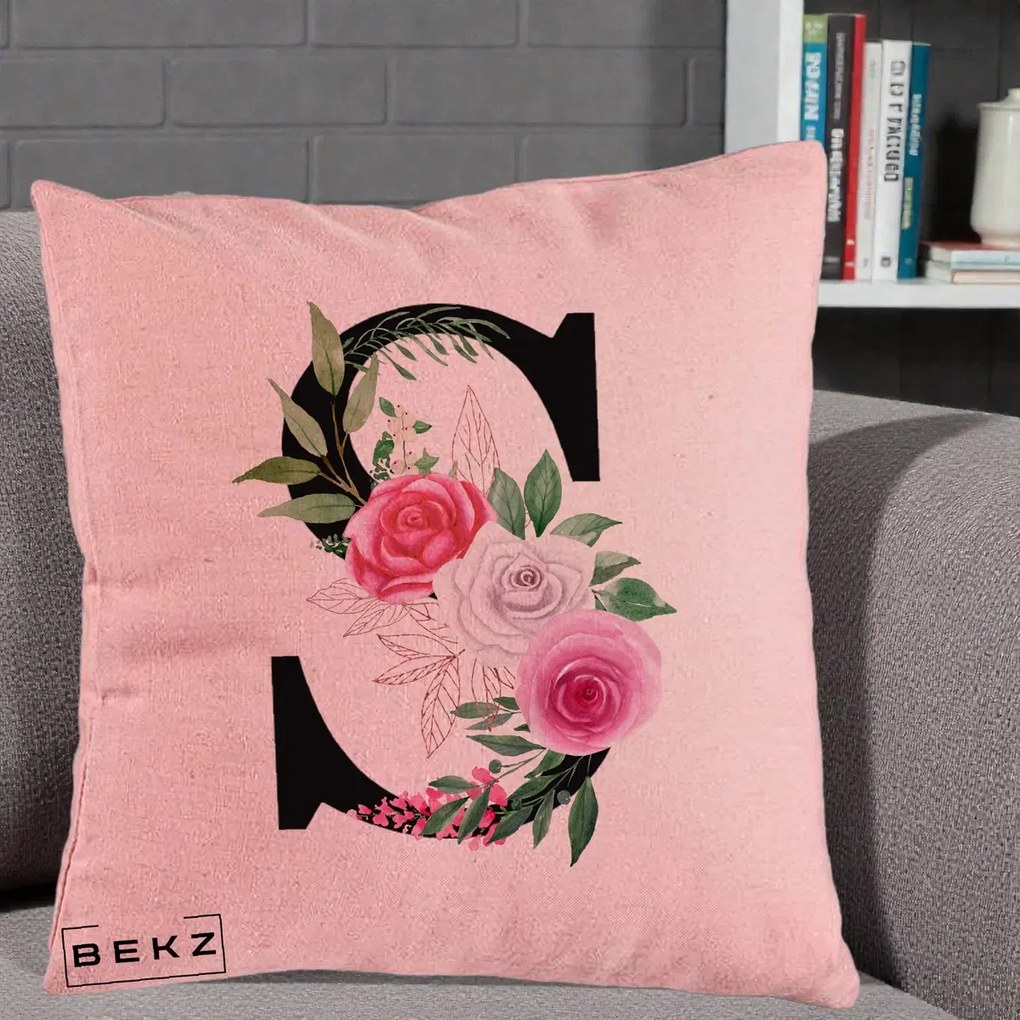 Cadou Personalizat - Perna Personalizata Monograma Florala Litera S, 40x40 cm, Roz, Husa Detasabila, Perna Inclusa, BEKZ®