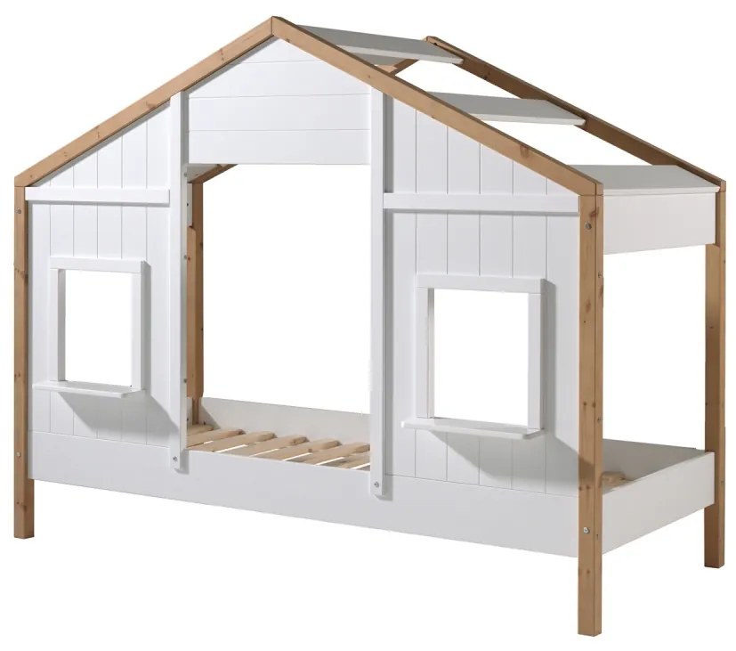Pat Căsuță pentru Copii, 90x200 cm, Alb/Natural (Pin Masiv și MDF) – Babs – Vipack