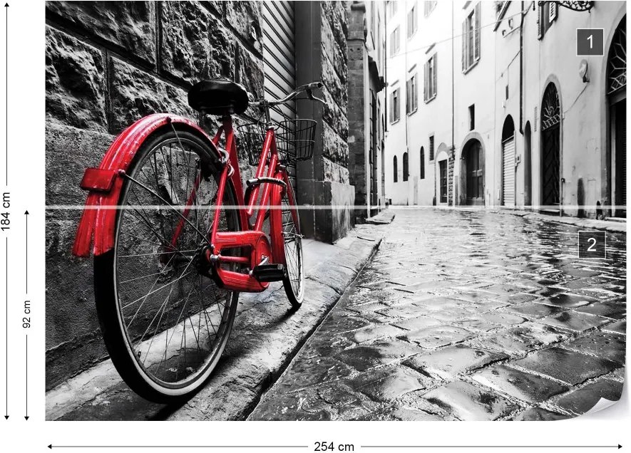 GLIX Fototapet - Black And White Red Bicycle Old Street Vliesová tapeta  - 254x184 cm
