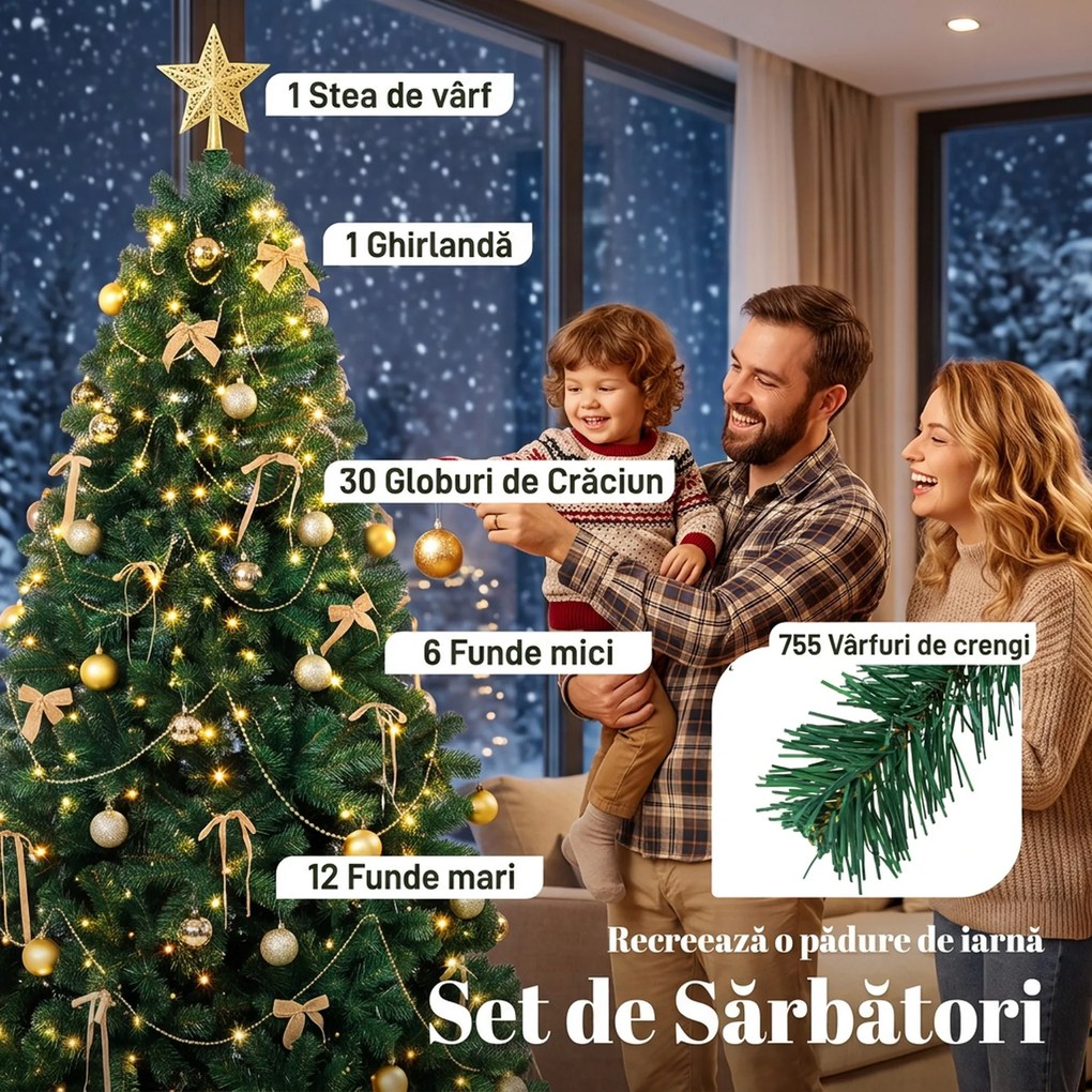 HOMCOM Brad de Crăciun Artificial 180 cm cu 240 LED-uri, 755 Ramuri din PVC, Stea, Globuri, Funde, Verde | Aosom Romania