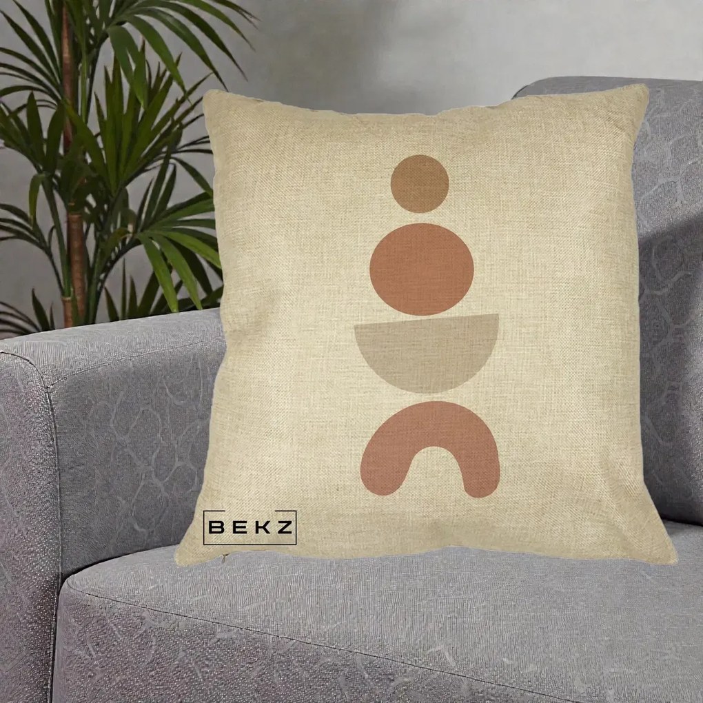 Perna Decorativa Geometric Boho Cercuri si Arc, 40x40 cm, Crem, Husa Detasabila, Perna Inclusa, BEKZ®