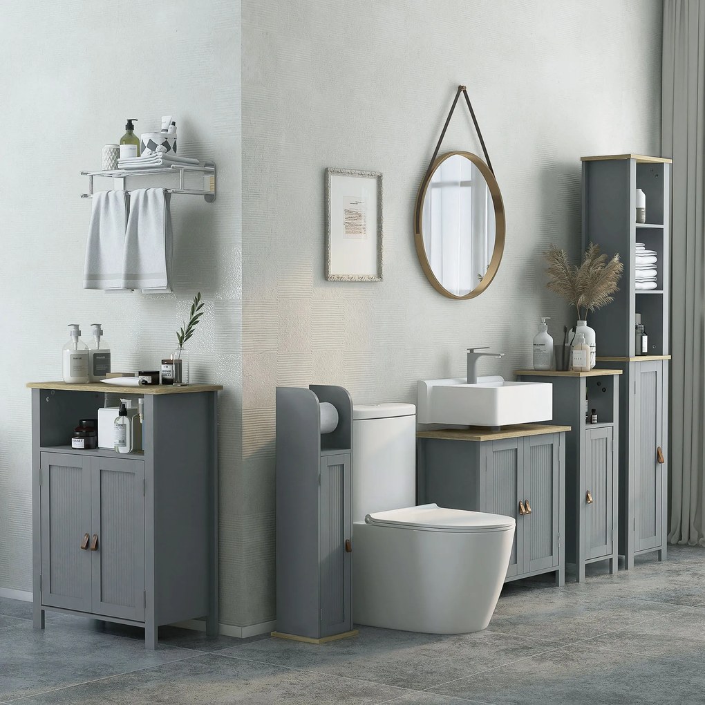 kleankin Mobilier subchiuvetă 2 uși raft reglabil 2 etaje în interior mânere din PU 60 x 30 x 60 cm gri | Aosom Romania