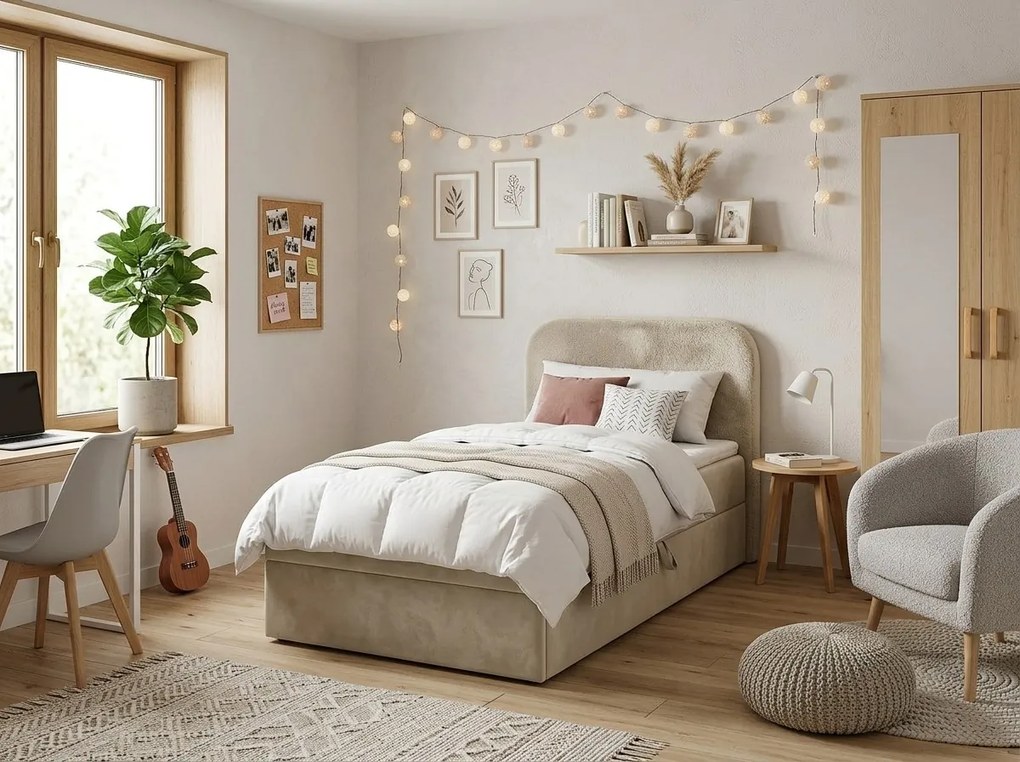 Pat tapițat boxspring FORENA 90x200 cm crem Saltea: Saltea cu arcuri Bonell