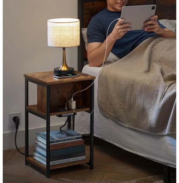 Măsuță laterală ROD cu prize integrate și porturi USB, maro/negru