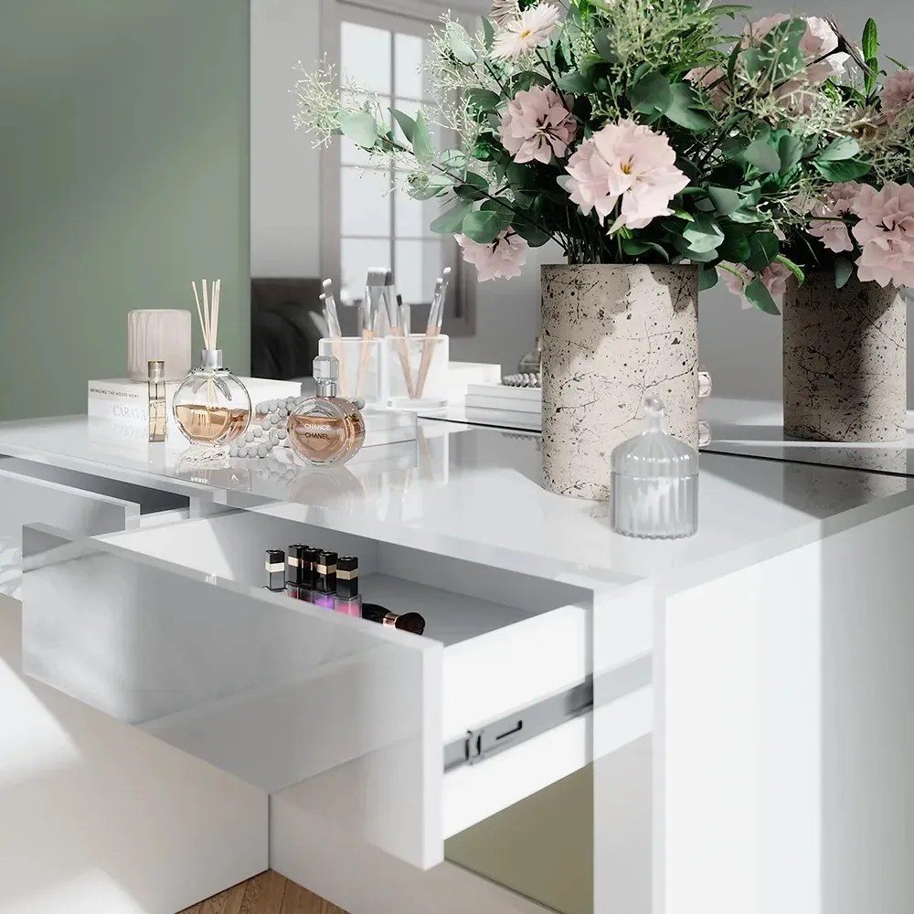 SEA812 - Set Masa toaleta, 110 cm, moderna cosmetica machiaj oglinda cu sau fără LED, masuta vanity cu sau fără Scaun - Alb Lucios