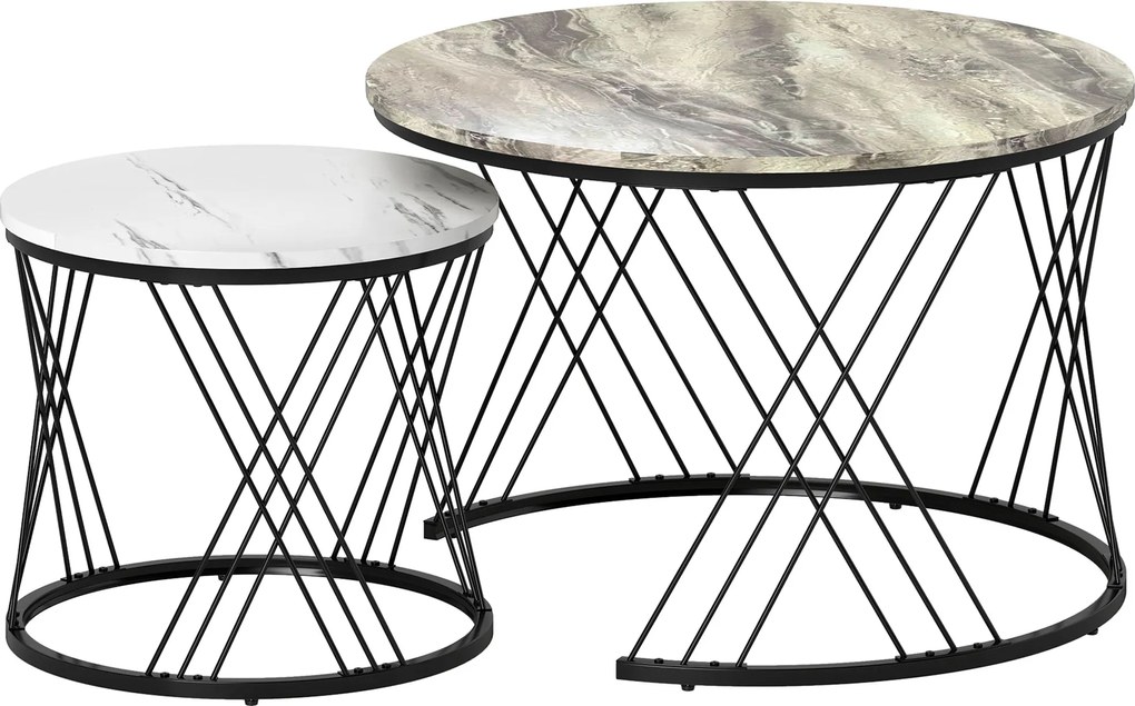 HOMCOM Lot de 2 mese joase gigogne rotunde Ø 70/44,5 cm cu blat efect marmură și picioare din metal, gri și alb | Aosom Romania