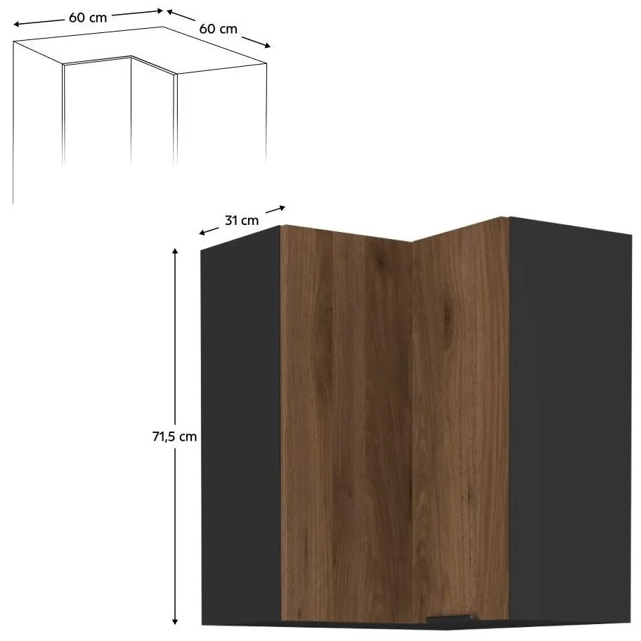Dulap superior de bucătărie de colț Monzesa 60x60 GN 72 2F (nuc okapi + negru) . 1096955