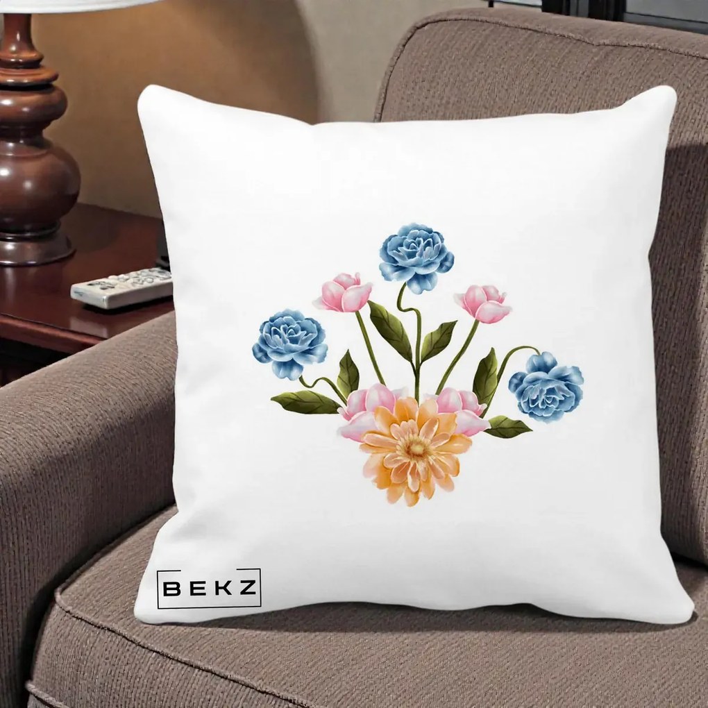 Perna Decorativa Buchet Primavara Acuarela, 40x40 cm, Alba Mata, Husa Detasabila, Perna Inclusa, BEKZ®