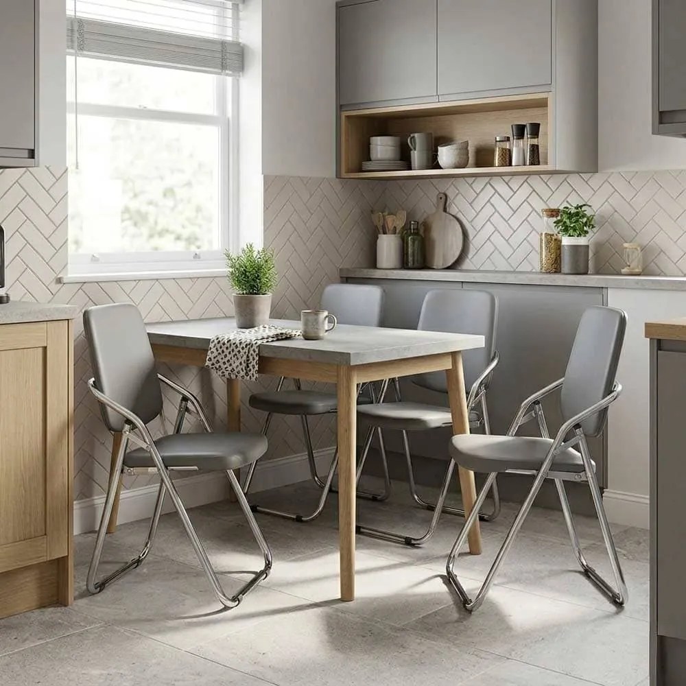 Scaun pliabil gri HRC 609 din piele ecologică și cadru metalic cromat