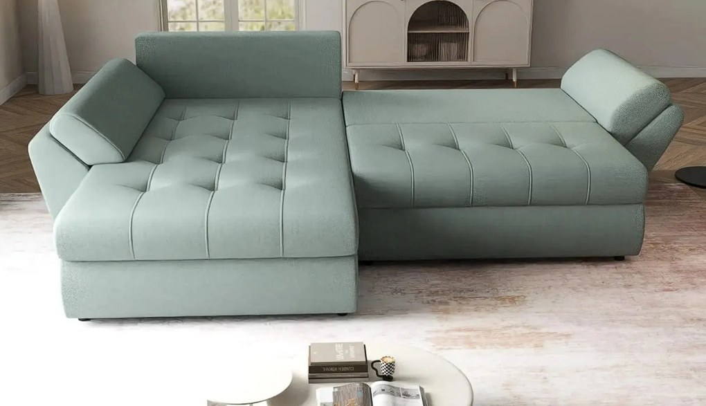 Colțar extensibil dumonde cu ladă de depozitare si sezut confortabil din spuma high-density, Loana Enjoy Mint 270x185 cm