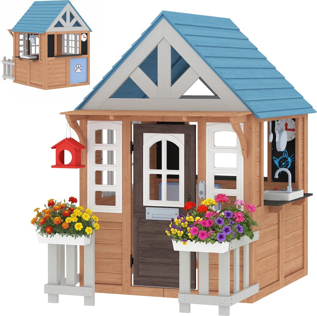 AIYAPLAY Căsuță de joacă exterioară din lemn, casă pentru copii interior/exterior cu ușă pentru animale, bucătărie de joacă, maro | Aosom Romania