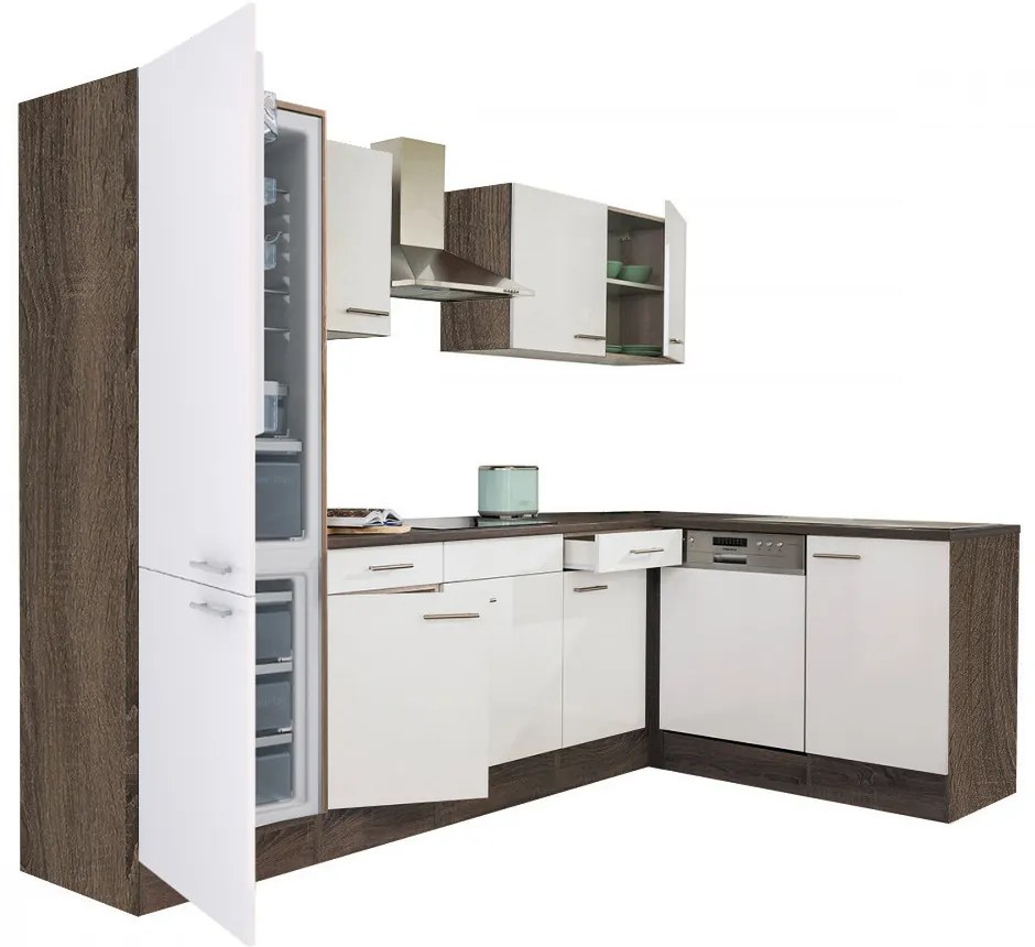 Mobilă de bucătărie de colț Yorki 280, corp din stejar Yorki, față alb satinat, frigider sub blat