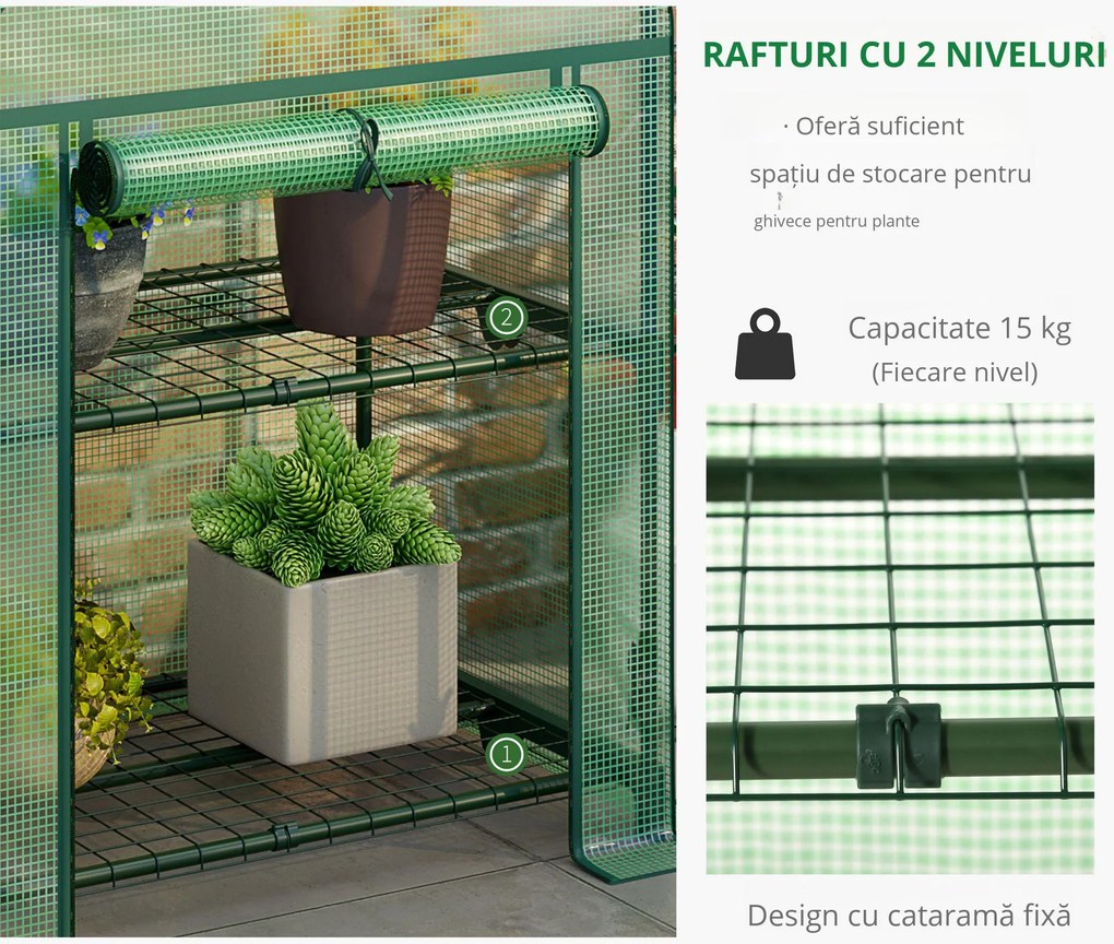 Outsunny Mini Seră de Grădină cu 2 Rafturi Metalice și Acoperiș PE, Seră Compactă pentru Balcon și Terasă, 69x49x91 cm, Verde | Aosom Romania