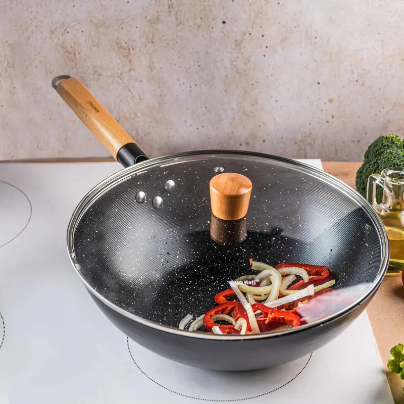 Kinghoff KH 1984 wok, 30 cm, Capac din sticlă cu gaură pentru abur, Finisaj marmură, Inducție, Negru
