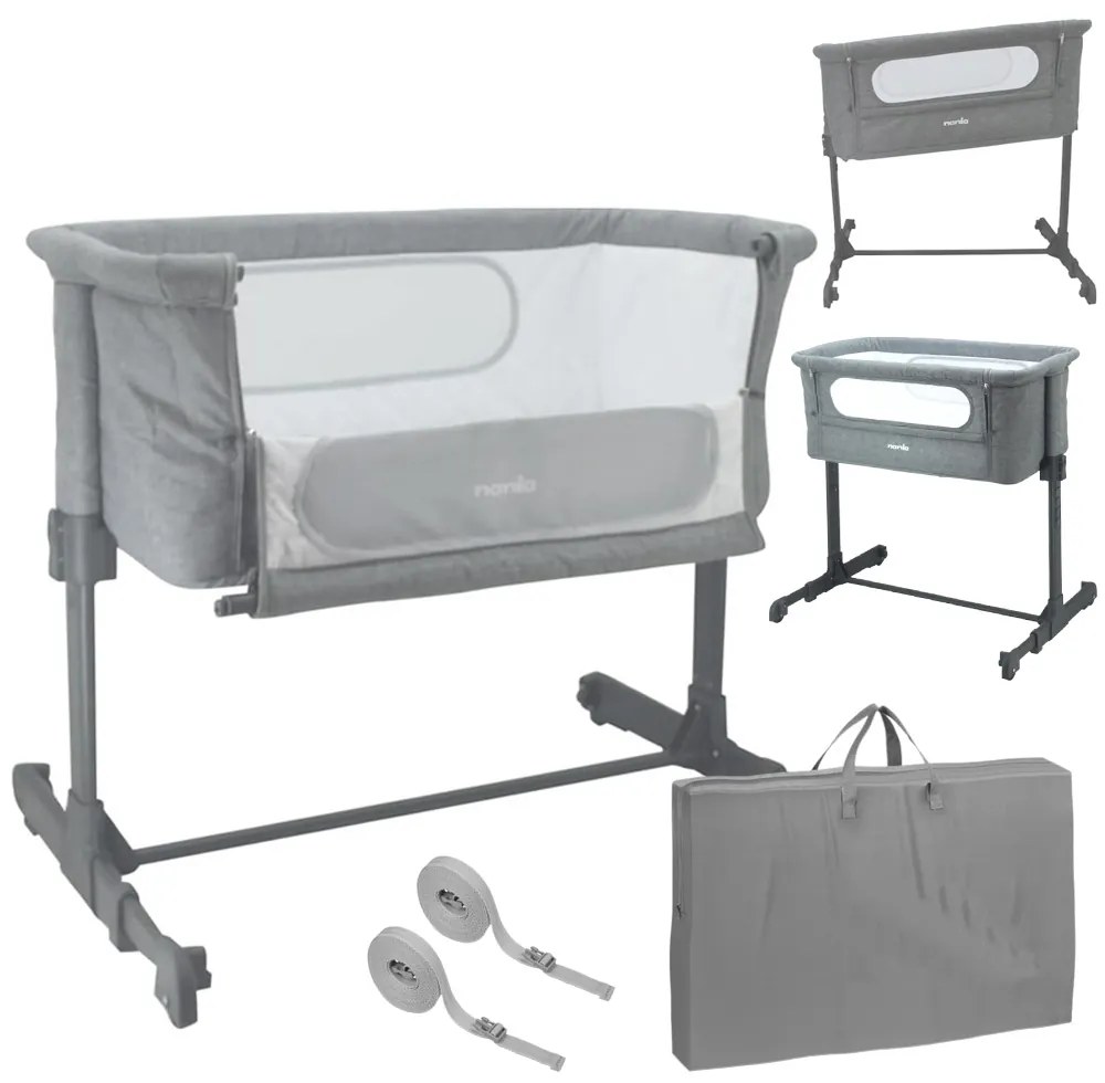 Patut co-sleeper atasabil la pat Nania Dodi Gri, pozitie antireflux, include geanta transport, certificat EN1130