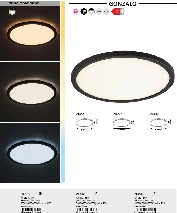 Plafoniera LED slim 29cm Gonzalo negru/alb