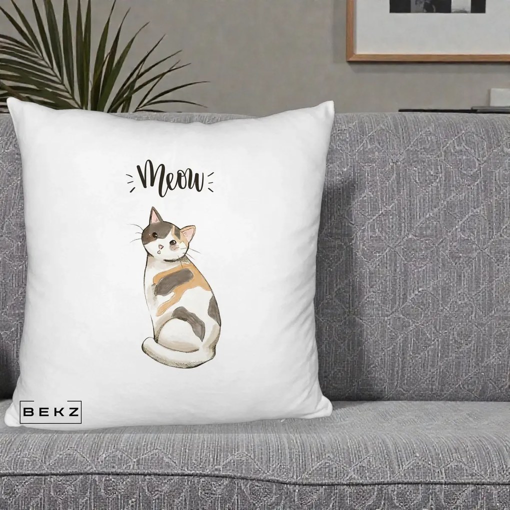 Perna Personalizata Pisica Meow Acuarela, 40x40 cm, Alb Pufos, Husa Detasabila, Perna Inclusa, BEKZ®