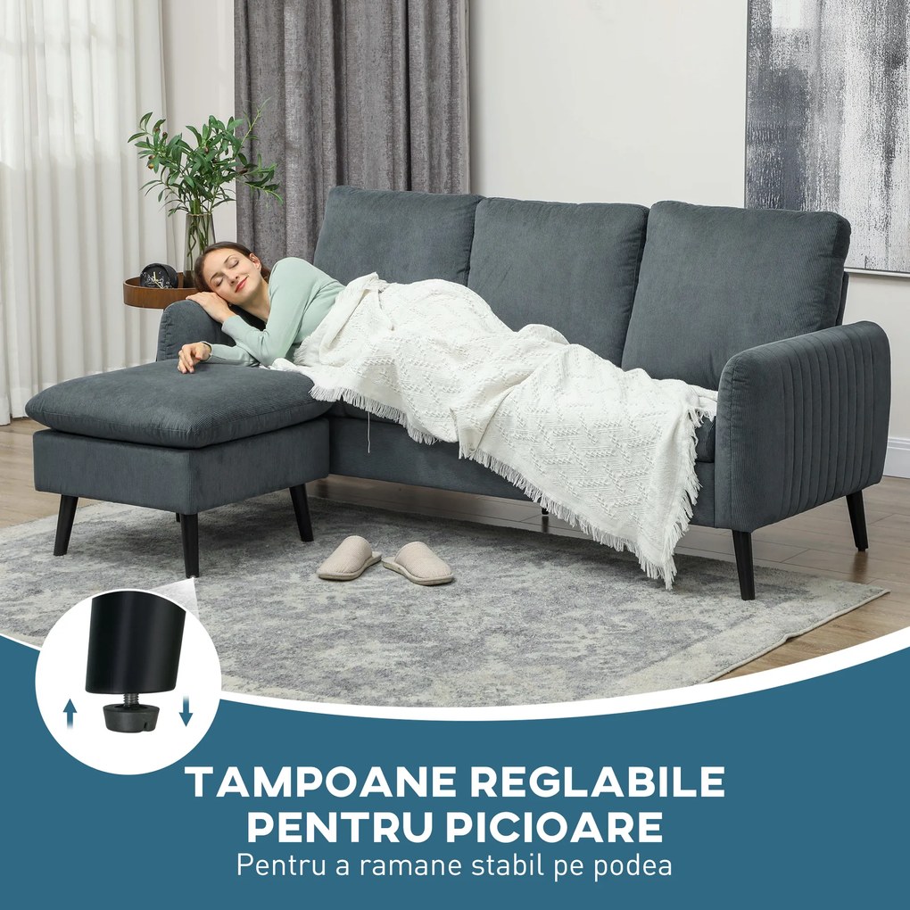 HOMCOM Canapea Colțar cu 3 locuri, Taburet Detașabil și Reversibil 196x140x88 cm, Gri Cărbune | Aosom Romania