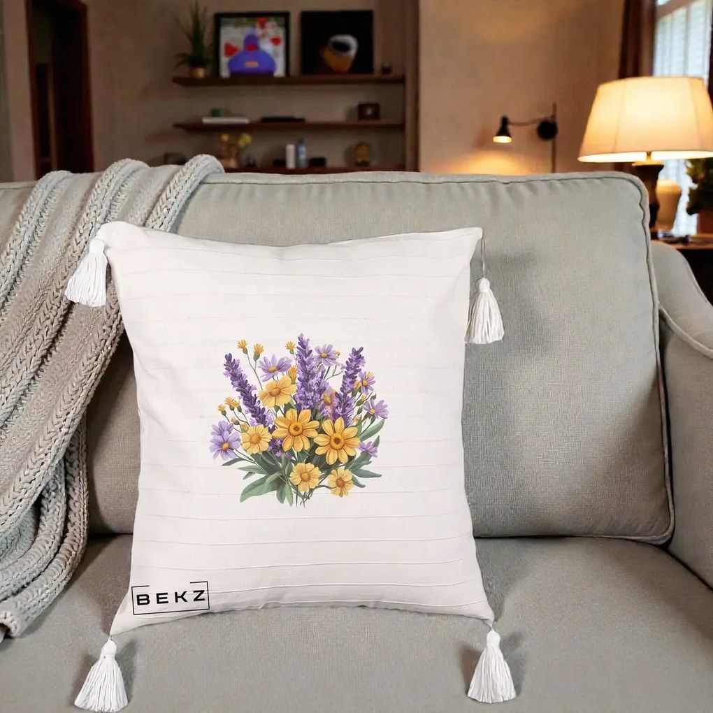 Perna Decorativa Lavanda cu Margarete Galbene si Lila, 40x40 cm, Bej cu Franjuri, Husa Detasabila, Perna Inclusa, BEKZ®
