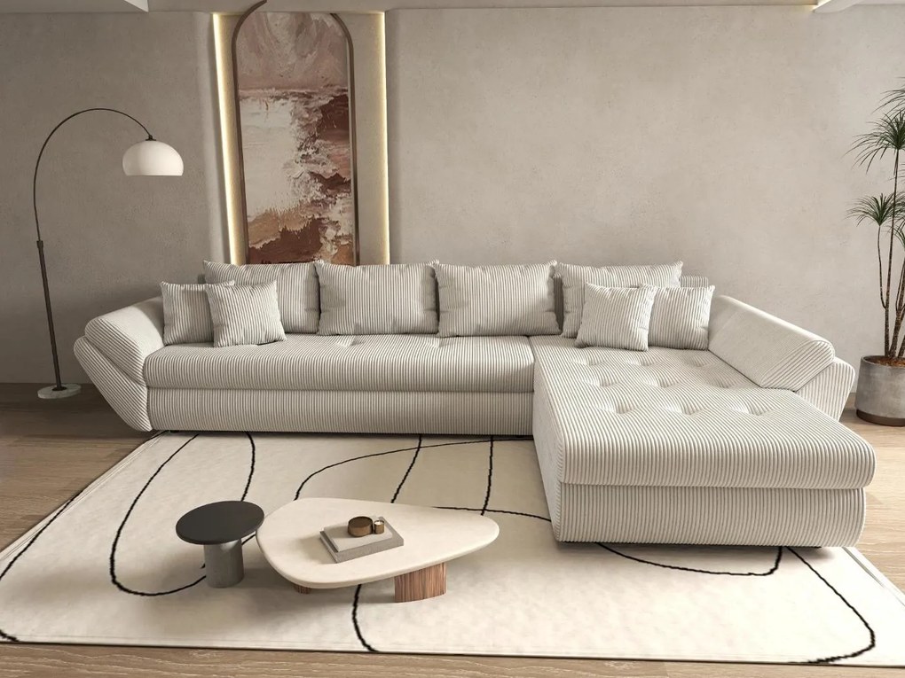 Colțar extensibil dumonde cu ladă de depozitare si sezut confortabil din spuma high-density, Loana XL Zoom Cream II 335x185 cm